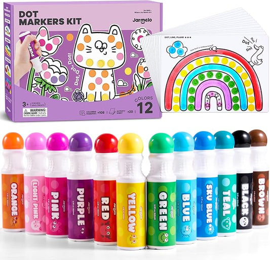 Jar Melo Washable Dot Markers for Toddlers, 12 Colors Dot Paints with 120 Printed PDF & 20 Activity Papers, Non-Toxic Bingo Markers for Kids Arts and Crafts Gifts