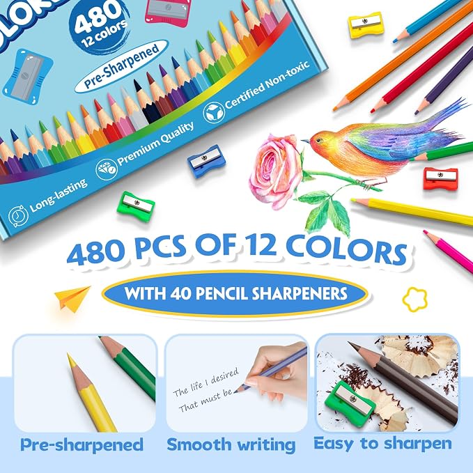 480 Count Colored Pencils Bulk for Classrrom, Color Pencils for Kids in 12 Vibrant Colors, Pre-sharpened Coloring Pencils Set Plus 40 Sharpeners, Bulk Pack Colored Pencils for Back to School Supplies