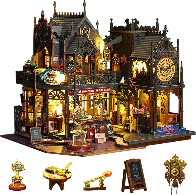 Plustopoy Miniature House Kit DIY Mini House Building Kit with LED Light, DIY Mini Dollhouse with Furniture Book Nook Kit, 3D Wooden Puzzle Wooden Bookend Shelf Insert Decro (Holo Magic City)