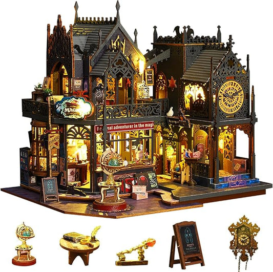 Plustopoy Miniature House Kit DIY Mini House Building Kit with LED Light, DIY Mini Dollhouse with Furniture Book Nook Kit, 3D Wooden Puzzle Wooden Bookend Shelf Insert Decro (Holo Magic City)