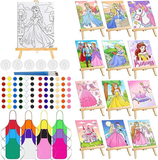 Ireer 12 Set Paint Party Set 8 x 10 Sip and Paint Kit Include 12 Printed Pre Drawn Canvas Panel, Wooden Easels, Palettes, Pots, Apron 36 Brushes for Adult Art DIY Party(Princess)