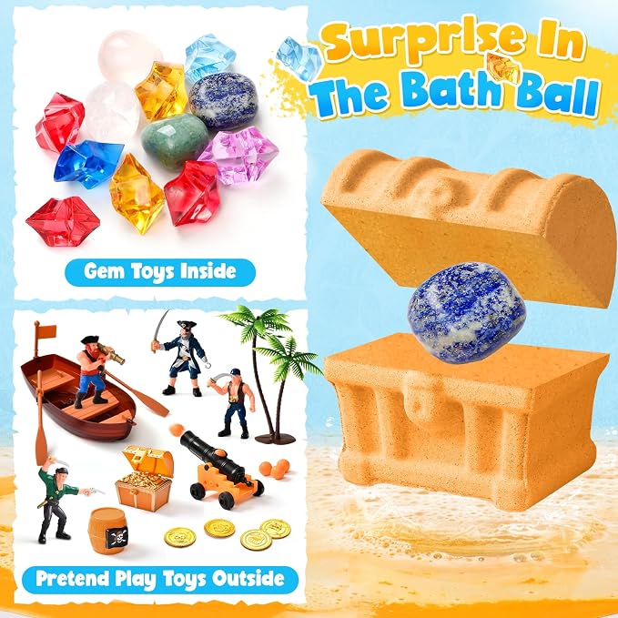 Toylink Bath Bombs for Kids with Diving Gem Toys Inside, 12 Pack Treasure Chest Bath Bombs with Surprise Pirate Accessories Pretend Playset, Handmade Bubble Bath Fizzies Birthday Christmas Gift Set