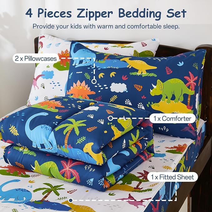 DJY Zipper Bedding Set Twin, Navy Blue Dinosaur Bedding Sets for Boys, Kids Comforter Set with Fitted Sheet Pillowcases, All in One Zipper Bed Set for All Seasons