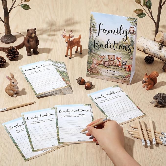 Fumete 61 Pieces Family Tradition Baby Shower Games Include 1 Family Traditions Standing Sign and 50 Activities Cards with 10 Pencils for Gender Reveal Bridal Shower Wedding(Green,Woodland)