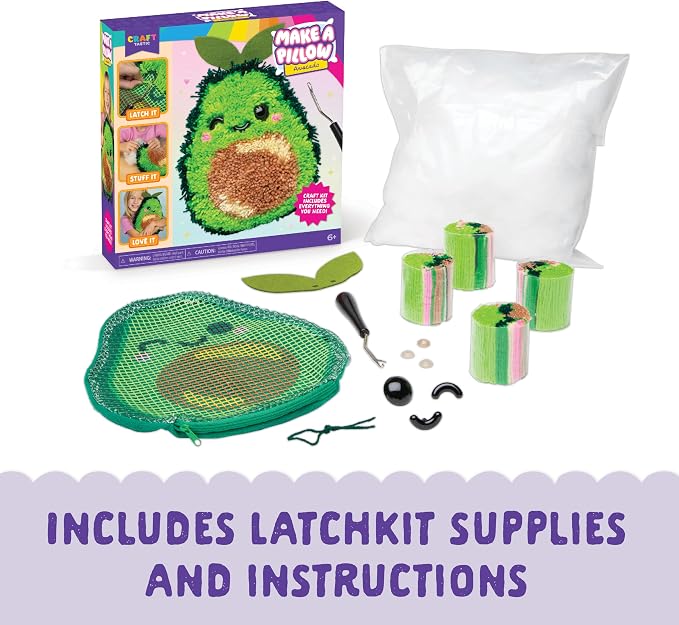 LatchKits Avocado Pillow - Latch Hook Kits for Kids, Arts and Crafts, Yarn Art, Kids Crafts, Toys for Girls, Birthday Gift for Girls, Easy to Follow Pattern, Hook Included, Craft Kits, Ages 6+