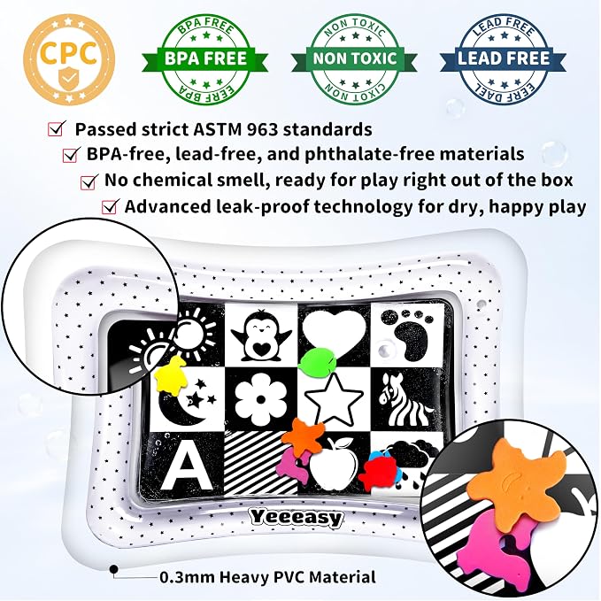 Yeeeasy Tummy Time Water Mat丨Inflatable Tummy Time Water Play Mat for Babies, Infants and Toddlers 3 to 24 Months Promote Development Toys Baby Toys Essentials and Gifts, Black and White