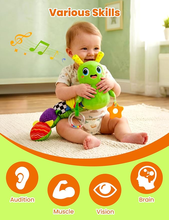 GoGonova Musical Caterpillar Baby Sensory Toy for Infant Development 0-12 Months – Tummy Time Crawler & Teether – Newborn Bath, Car Seat, Stroller & Bassinet Activity Toy & Gift(Green)