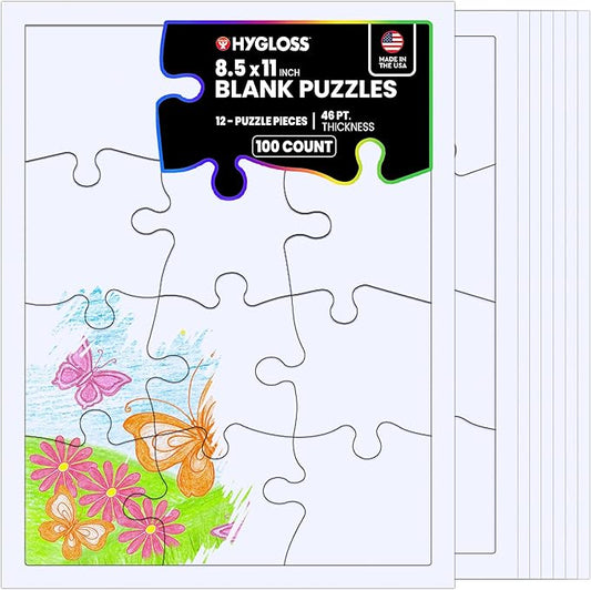 Hygloss 100 Blank Jigsaw Puzzles– 8.5 x 11 Inch, 12 Pieces Each – DYI Party Invites, Perfect for Decorating, Kids' Activities, Arts & Crafts or Party Favors - Puzzle Pieces to Draw On for Crafts