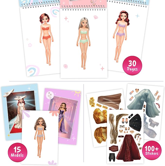 BSCOOL Fashion Runway & Sticker Dress Up Activity Book 2-Pack for Girls Ages 5+ – 200+ Stickers – Paper Doll Fashion Design Books – Creative Birthday Gift for Kids