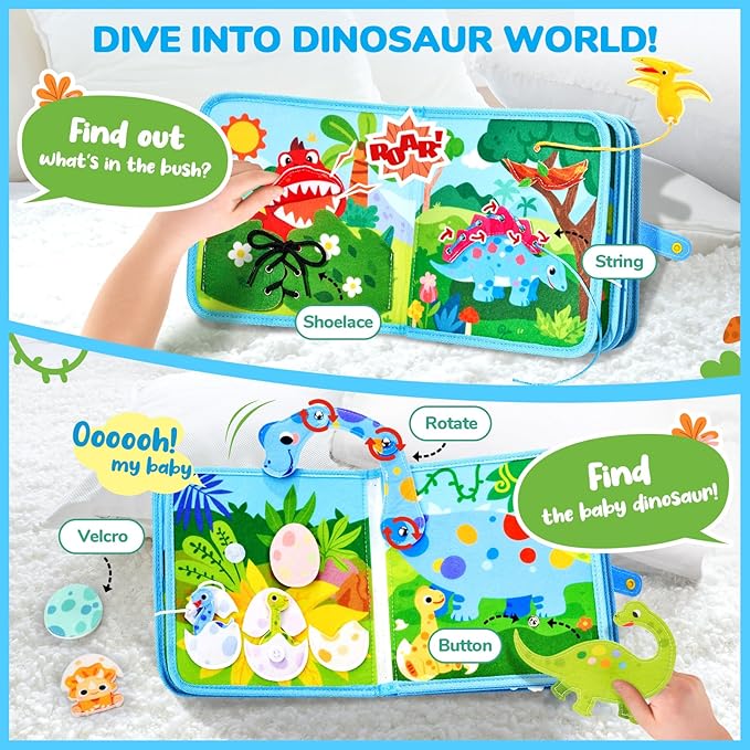 JoyCat Dinosaur Toddler Busy Book, Busy Board for 2 3 4 5 Year Old -Travel Toy Quiet Activity Book, Life Skills & Fun Games - Autism Sensory Toy, Toddler Easter Basket Stuffers Gifts
