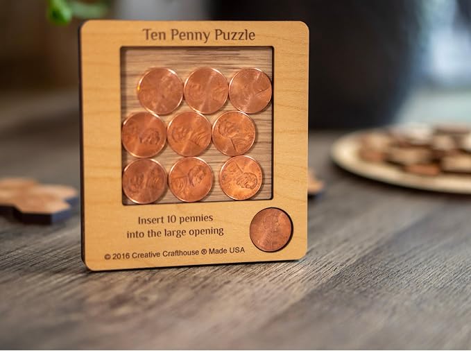 Creative Crafthouse 10 Penny Puzzle, Wood Coin Brain Teaser for Adults | Pack every penny flat into the tray. A coffee table and executive office challenge, gift ready for collectors