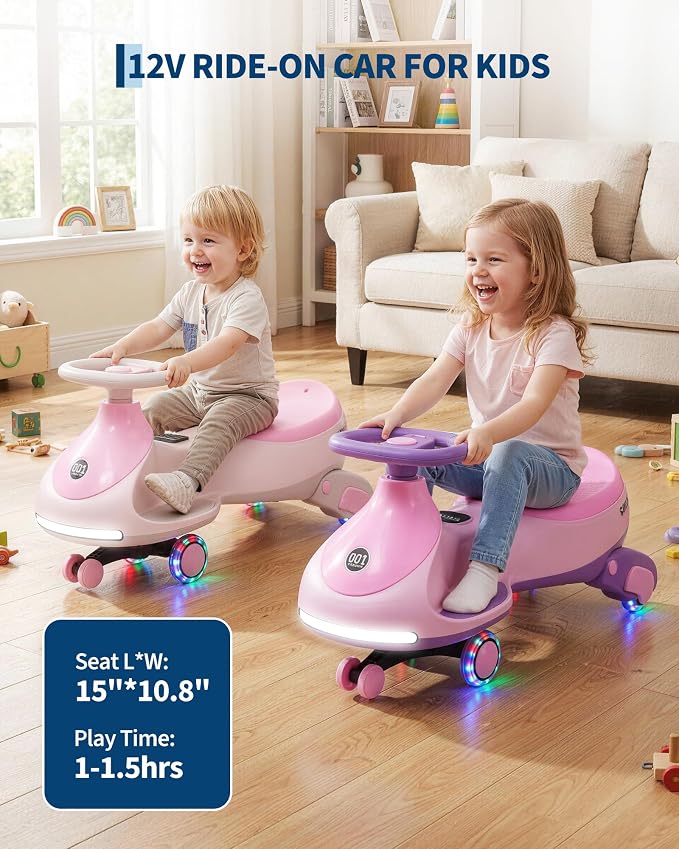 Garvee 12V Electric Wiggle Car for Kids, 2 in 1 Swing Car with Pedal, Anti-Rollover,Max Load 130Lbs,Flashing Wheels, Music,Rechargeable Battery Ride on Toy Indoor Outdoor for Toddlers, Light-Pink