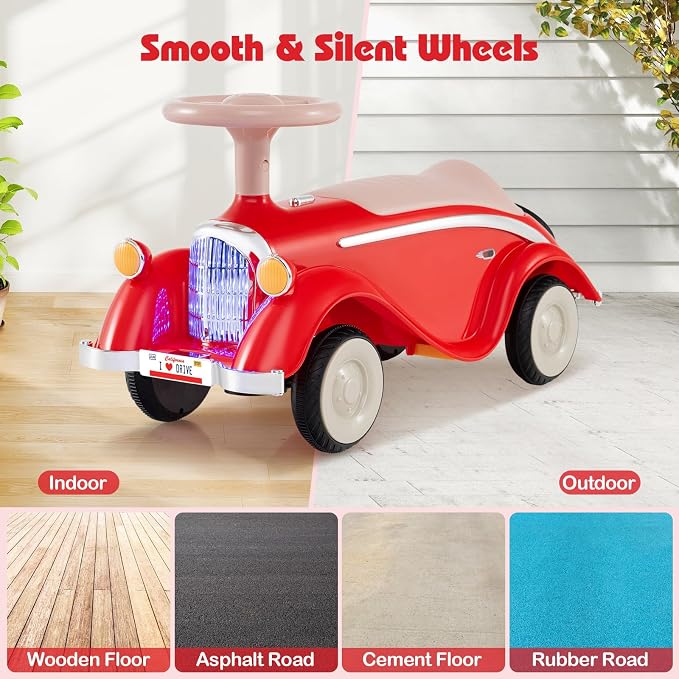 Costzon Toddler Ride On Toy, Classic Foot to Floor Sliding Car w/Steering Wheel, Horn, Headlights & Under Seat Storage, Kids Push Ride-Ons, Retro Baby Ride On Toys for Boys Girls 19-36 Months (Red)