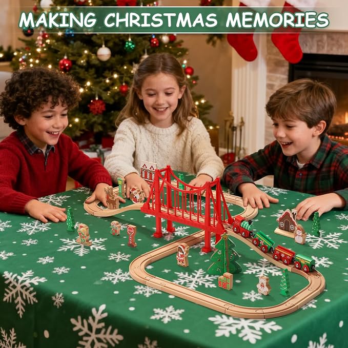 SainSmart Jr. Wooden Train Set 50 Pcs Train Set - Toy Train with Exquisite Box, Wood Train Track Set Fit for Major Brands, Ideal Railway Playset for Boys and Girls