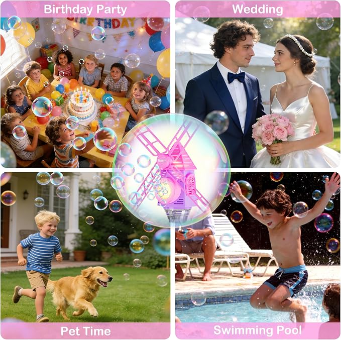 Belemar Windmill Bubble Machine for Kids, Summer Pool Party Bubble Blower with Lights & Music, 51" Adjustable Height, 130ml Tank, Bubble Solution Included, Outdoor Toy for Parties & Birthdays
