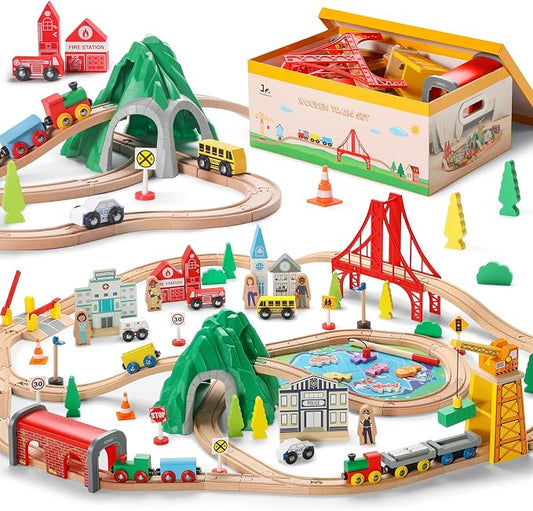 SainSmart Jr. 114PCS Wooden Train Set with Storage Box, Wood Train Track Set Compatible with Major Brands, Expandable Train Toys for 3-7 Years Old Girls & Boys, Great Birthday