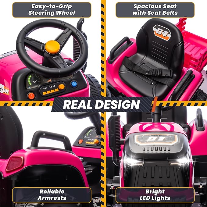JOYRACER 24V Ride On Tractor for Kids, Electric Ride on Toys w/400W Motors, Tiltable & Detachable Trailer, Adjustable Seat, Bluetooth, Music, Remote Control Electric Tractor for Kids, Pink