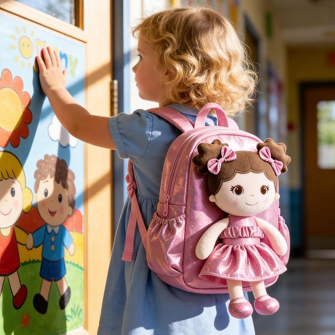 Lazada Toddler Backpack - Baby Girl Gifts Curly Fingerprints Plush Doll Dress Backpack - Fashion Girls Curly Rolled Fingerprints Series - Peach 11 Inches