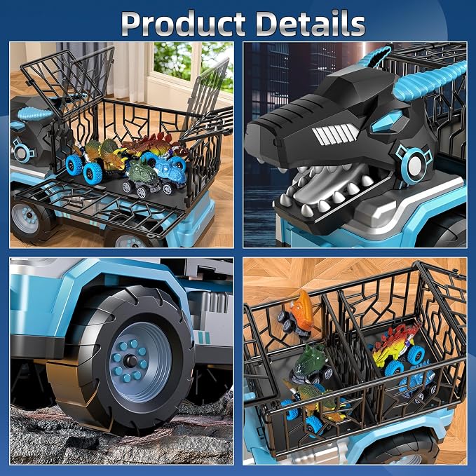 Toddler Robot Dinosaur Truck Toys for Kids Boys Ages 3-5 5-7, Black Carrier Dinosaur Truck with 5 Pull Back Dino Cars, 3 4 5 6 7 Years Old Boys Girls Birthday