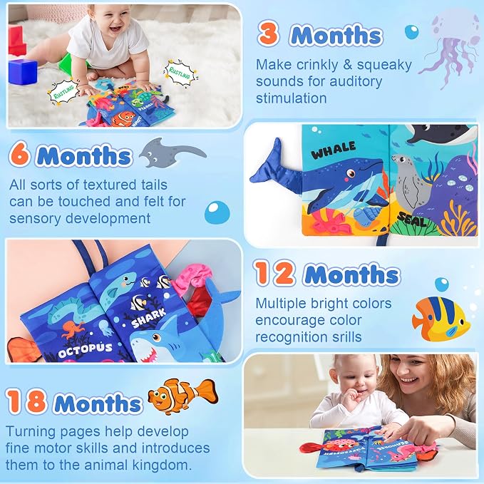 BBWOO Soft Baby Book Toy - Newborn Boy Girl Shower Gift - Tummy Time Toy for Infant 0-6 6-12 Months - Touch and Feel Sensory Crinkle Book with Teether - Baby Boy Girl Gift