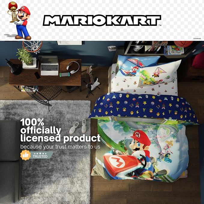Super Mario Kart Game Kids Bedding Set, Full Size, 5-Piece Super Soft Cozy Reversible Comforter & Sheet Set (Officially Licensed Product) by Franco