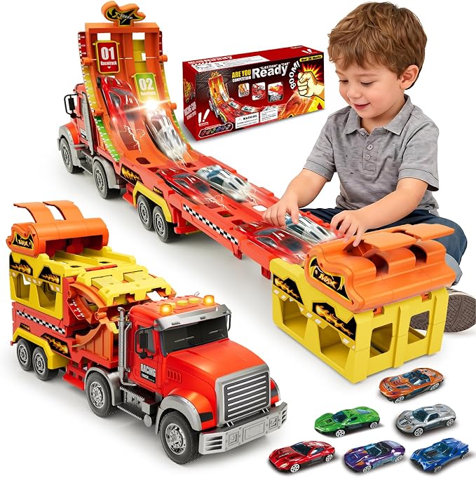 Truck Car Toys for 3, 4, 5, 6, 7, 8 Years Old Kids, Carrier Truck Race Track Toys, Foldable Transport Car Toys with Foldable Race Tracks and 6 Metal Cars, Birthday Gifts for Toddler Boys Girls (Red)