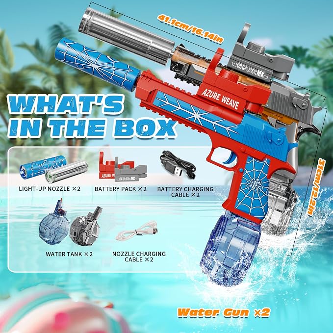 2 Pack Electric Water Gun for Adults & Kids, Automatic Squirt Gun with Light-Up Muzzle, Battery Powered Water Pistol, 26-32 FT Long Range Summer Outdoor Pool Beach Toy
