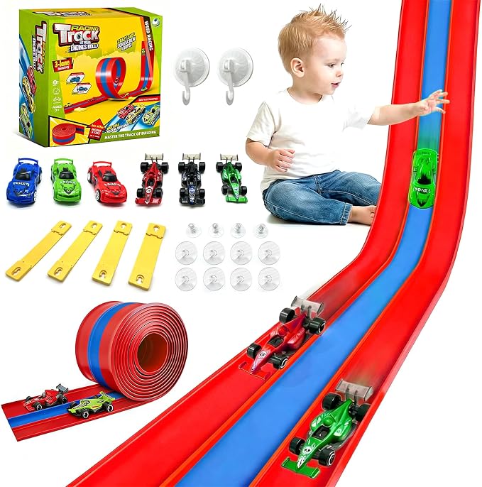 16ft Flex Track, Flexible Race Track for Kids 3-5 Year Old with 4 Pull-Back Cars, Portable Roll Up Racing Car Tracks for Toddlers, Birthday Gifts for Boys Girls (3 Lane - Blue & Red)