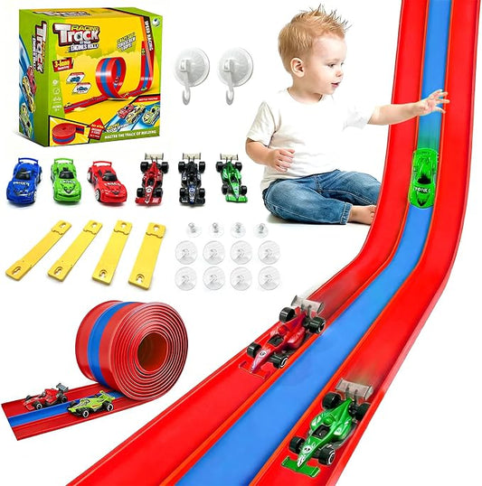 16ft Flex Track, Flexible Race Track for Kids 3-5 Year Old with 4 Pull-Back Cars, Portable Roll Up Racing Car Tracks for Toddlers, Birthday Gifts for Boys Girls (3 Lane - Blue & Red)