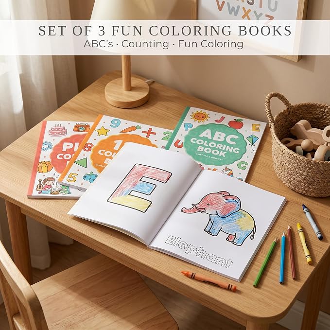 Fun Coloring Book for Kids - Set of 3 Cute Toddler Coloring Books with Big Simple Designs - Educational Activity Water Color Book with Themes for Alphabet, Numbers, Colors & Shapes for Boys and Girls