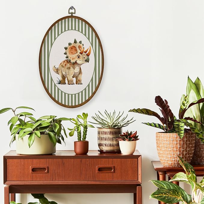 WULQYING Vintage Dinosaur Nursery Wall Art Decor, Boys Room Oval Framed Canvas Art Prints, Green Striped Triceratops Dino Wall Hanging Decor for Kid Toddler Boy Room Bedroom Playroom, 8.6x11.4 Inches