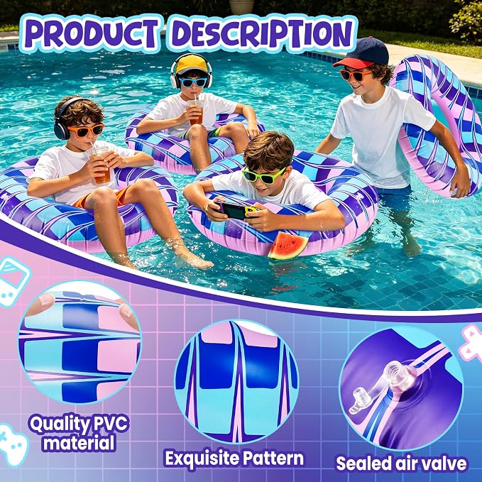 4 Pcs Video Game Party Pool Floats - 28 Inch Color Themed Kids Swim Rings (Ages 10-15), Inflatable Pool Toys for Hawaiian, Beach, Water Park