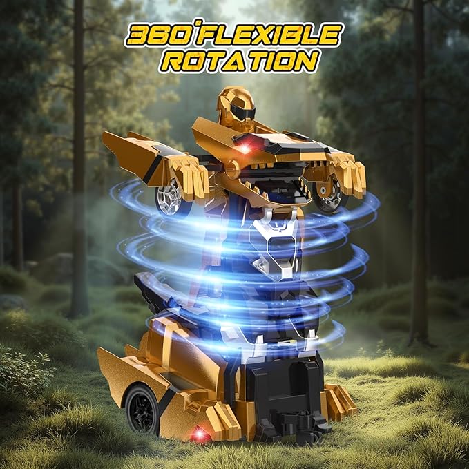 Kroyedfuw Dinosaur Transform Rc Cars, 2.4Ghz Remote Control Car Transforming Robot with Flashing Light, 360° Rotation One Button Deformation Car Toy Gifts for Boys Age 4-7 8-12