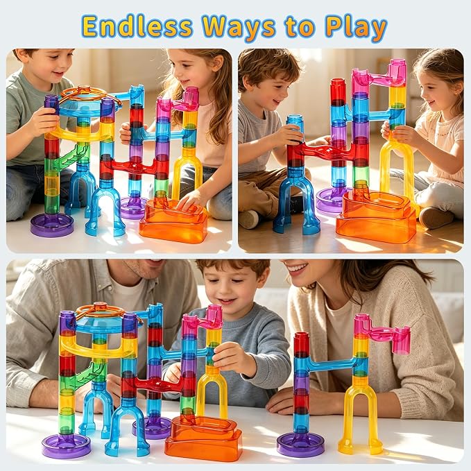 EagleStone 79PCS Transparent Marble Run STEM Maze Building Toy Play Set | 49 Track Pieces With Glow-In-The-Dark Glass Marbles, Building Toy For Kids Ages 3-12, Educational Gift For Boys And Girls