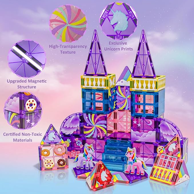 COSILY Unicorn Magnetic Tiles for Kids, Rich Colors Magnetic Building Blocks, STEM Educational Construction Sensory Toys, Unicorn Magnetic Tiles Birthday Gifts for Girls Ages 3 4 5 6 7 8+