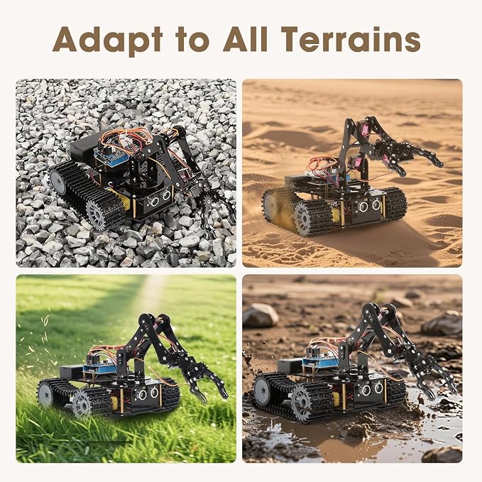4 in 1 Robotics for Kids Ages 12-16, Smart Robot Arm with 5DOF + Tank Car, STEM Toys Compatible with Arduino & Scratch & Python, App & Remote Control, Gift for Kids & Teens & Adult