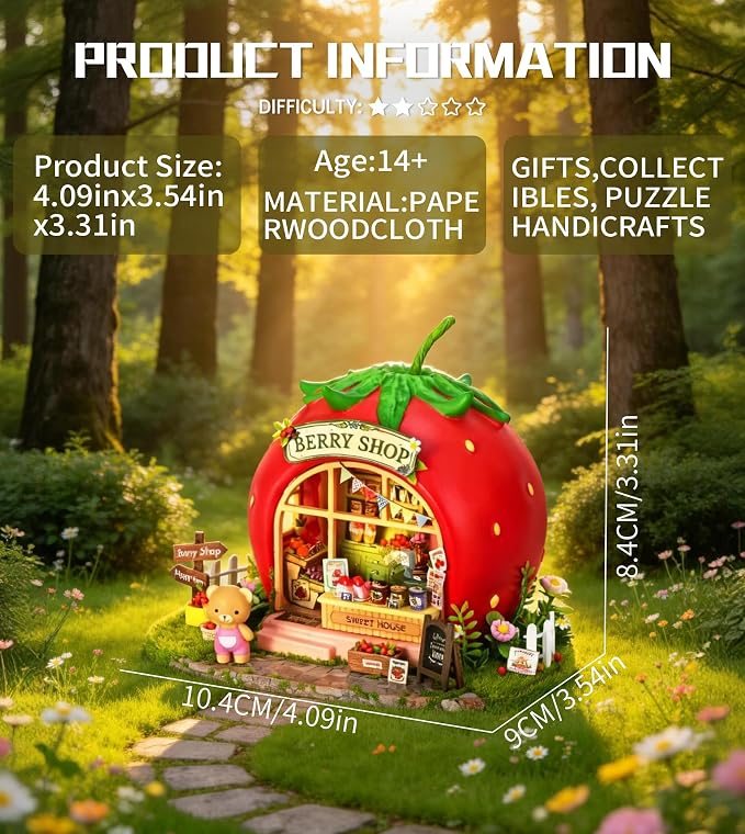 Roroom DIY Miniature House Kit, Bear Berry Shop Book Nook Kit with LED Light,3D Wooden Puzzle Miniature Dollhouse Kit for Bookshelf Decor-Creative Crafts for Family and Friends