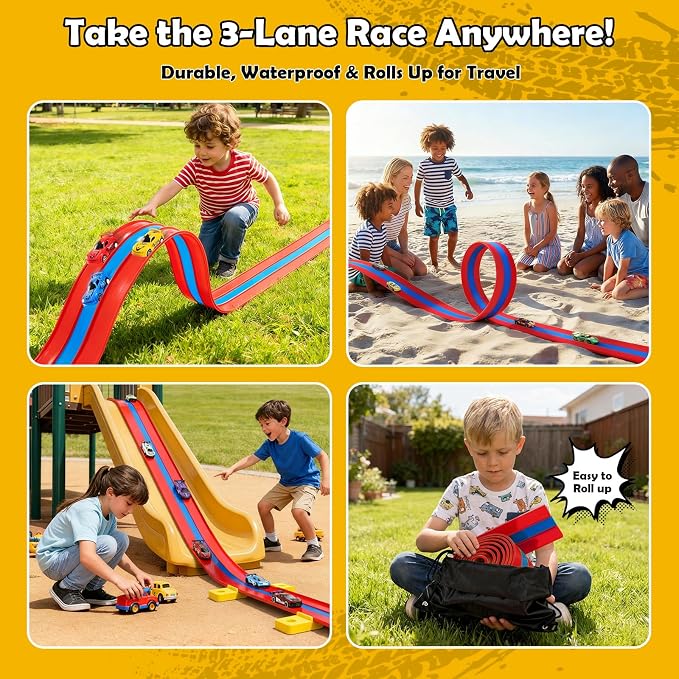 16ft Flex Track, Flexible Race Track for Kids 3-5 Year Old with 4 Pull-Back Cars, Portable Roll Up Racing Car Tracks for Toddlers, Birthday Gifts for Boys Girls (3 Lane - Blue & Red)