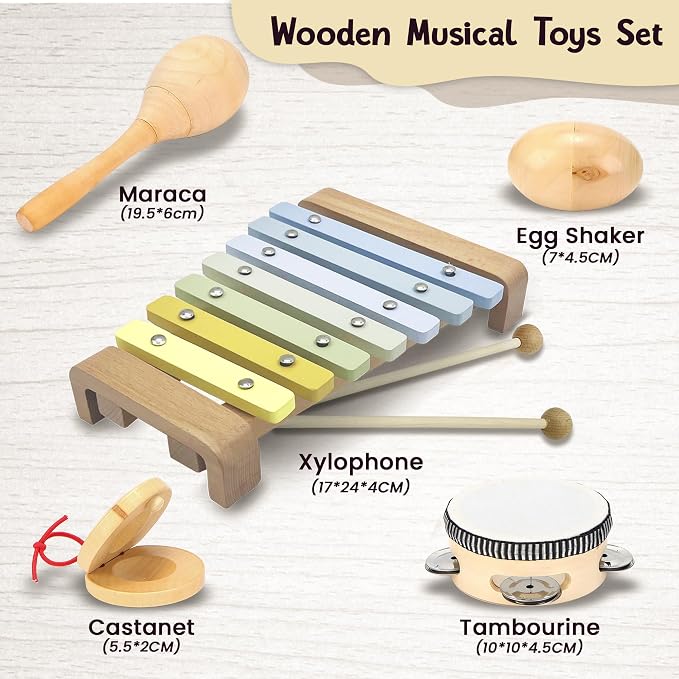 Toddler Musical Instruments Set Montessori Wooden Baby Toys | Sensory Music Toys for Toddlers |Educational Kids Instruments | Natural Wood, Non-Toxic | Ages 3+ | Gift for Boys & Girls