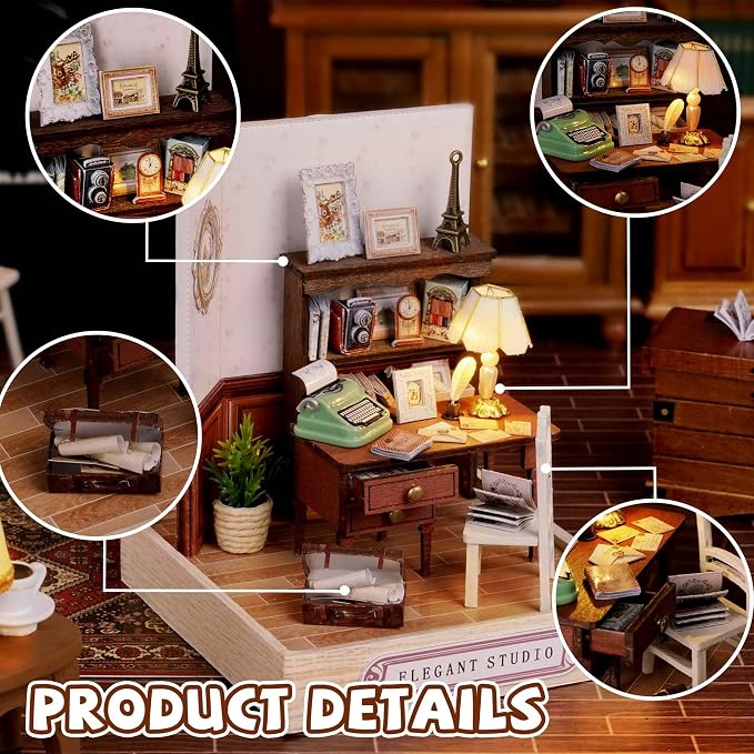 Kisoy Dollhouse Miniature with Furniture Kit, DIY 3D Wooden DIY House Kit with Dust Cover,Handmade Tiny House Toys for Teens Adults Gift(Elegant Studio)