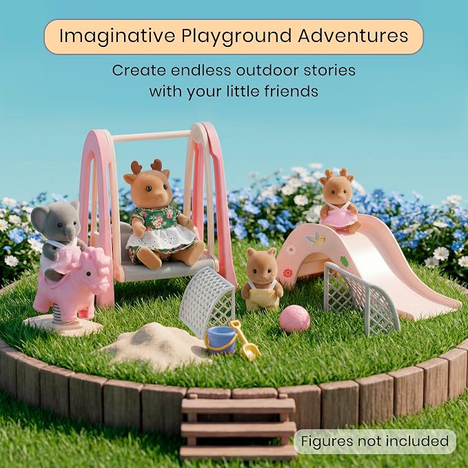 Family Dollhouse Accessories — Mini Playground Set with Swing & Slide, Rocking Horse, Soccer Goals, Screen-Free Add-On — Miniature Dollhouse Playset for Ages 3+