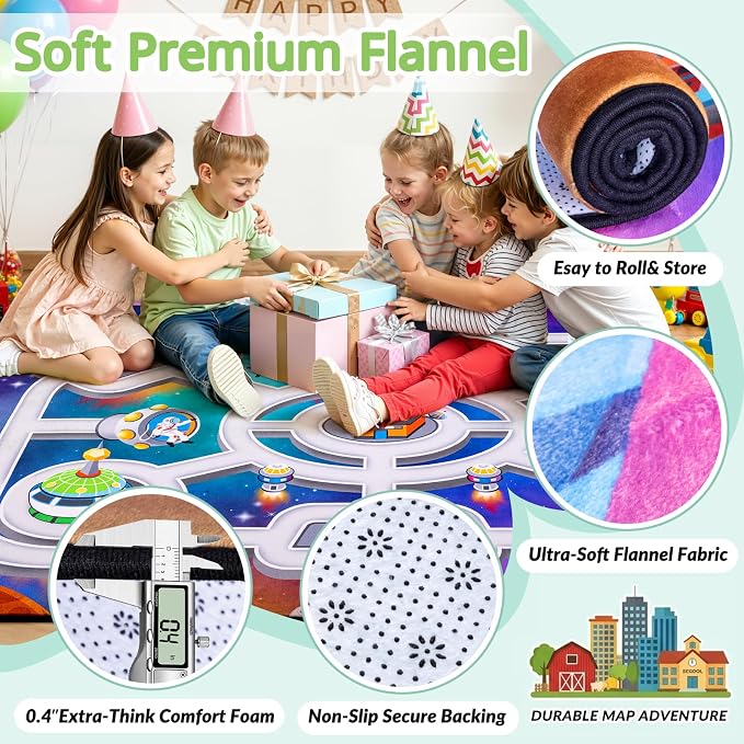 Kids Space Rug 3 x 5 Ft, Outer Space Road Play Mat with Planets & Rockets, Non-Slip Educational Carpet for Playroom