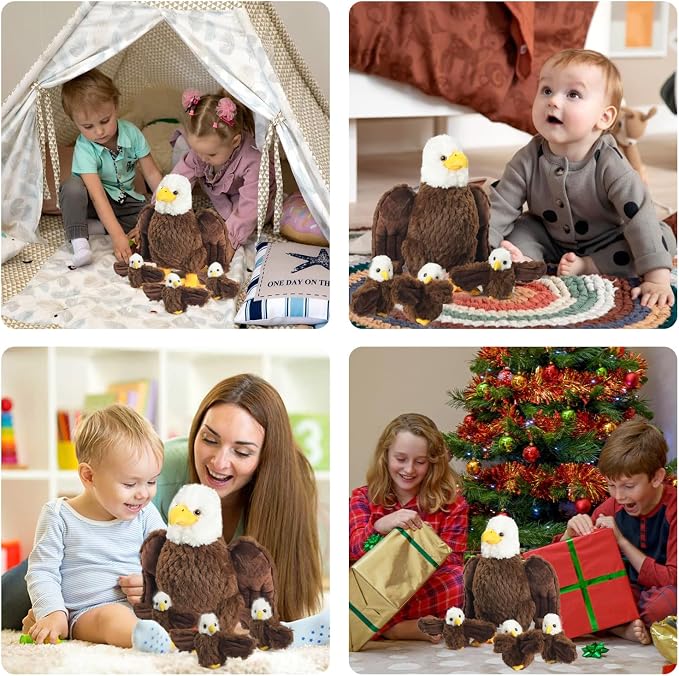 4 Pcs Bald Eagle Stuffed Animal, 14" Zippered Large Mommy Stuffed Eagle Plush with 3 Baby Bald Eagles Toys, Wild Zoo Animals Gifts for Kids Boys Girls Birthday Christmas