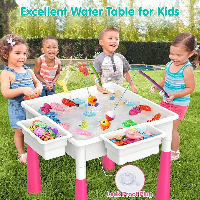 arscniek Toddlers Activity Table 7 in 1 Kids Activity Tables and Chairs Set with 152Pcs Large Marble Run Building Blocks, Sand/Water Tables, Kids Learning Play Table Toys for Girls Boys Toddler Pink