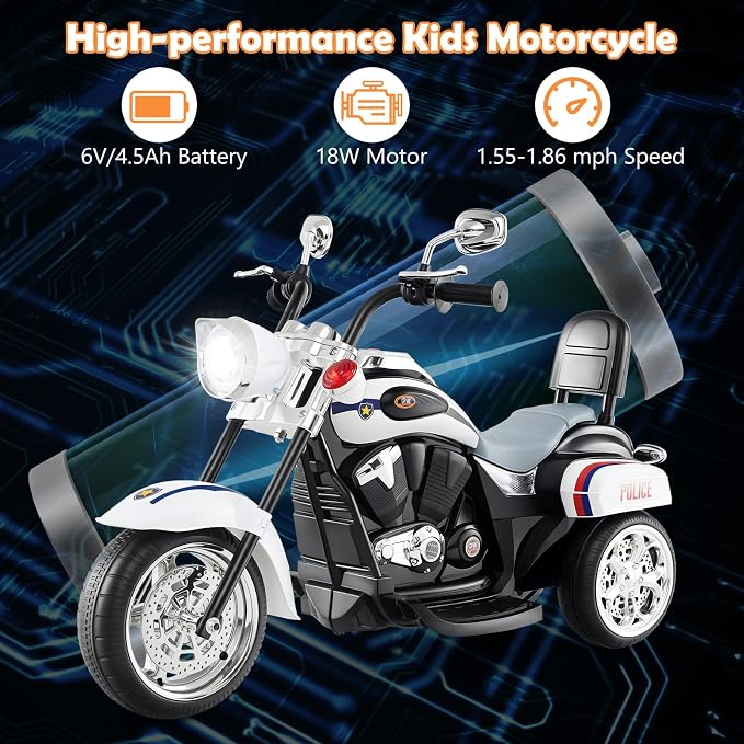 Costzon Kids Motorcycle, 6V Battery Powered Ride on Chopper Motorcycle w/Horn, Headlight, 3-Wheel Stable Ride on Toys, Electric Toddler Motorcycle for Kids, Gift for Boys Girls (Police White)