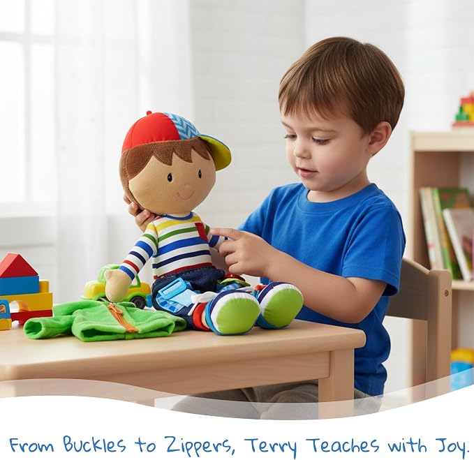 June Garden Personalized Dressy Friends Terry - Educational Stuffed Plush Doll for Kids and Toddlers 2 Years and Up - Montessori Buckle Soft Toy