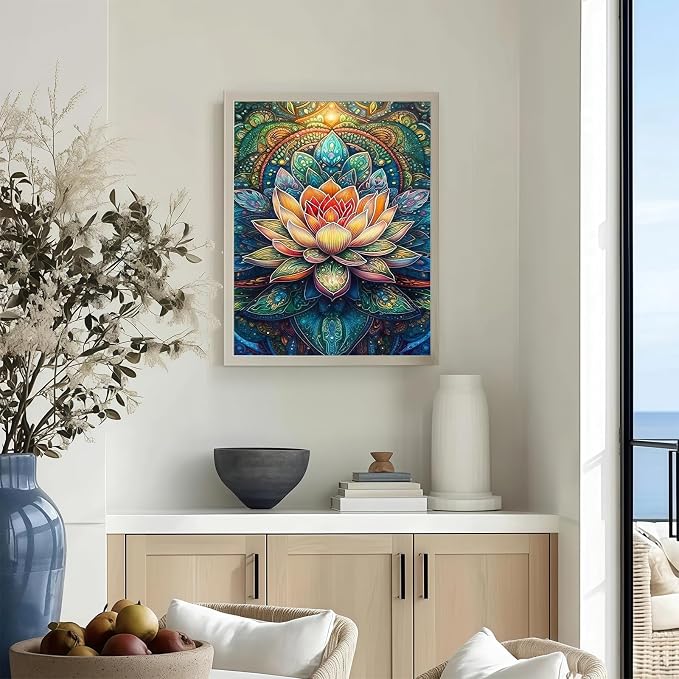 CHWGLFGG Mandala Lotus Diamond Painting Kit for Adults, 5D Full Round Drill Diamond Art Beginners Canvas for Home Wall Decor, DIY Paint by Diamonds Dot Gem Craft12x16 Inch