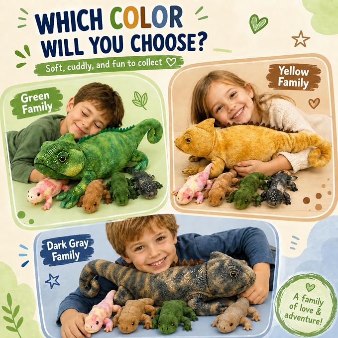 Green Lizard Plush, 27-Inch Mother Iguana Stuffed Animal with 4 Baby Lizard Plushies, 5-Piece Soft Giant Reptile Toy for Kids Gifts