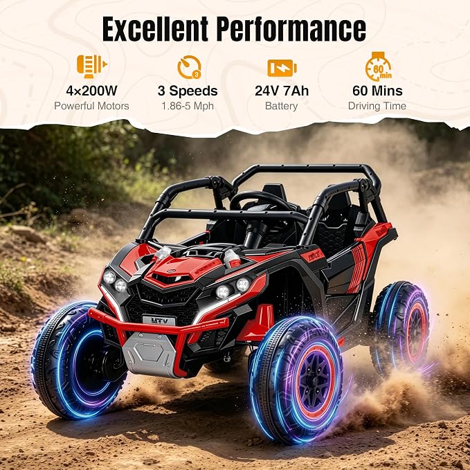Firstness 24V Ride on Toys 800W Electric Remote Control Ride on Cars for Kids 2-Seater Riding Cars for Kids Ages 3-8, 3 Speed Mode, Music, LED Light, Off-Road UTV Ride on Truck for Boys & Girls, Red