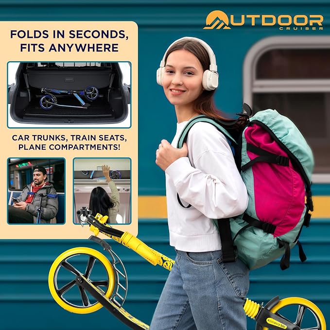Outdoor Cruiser Kick Scooter for Ages 6+, for Kids, Teens, and Adults, Max Load 250 LBS, Foldable, 8-inch Big Wheels, Dual Suspension, 3 Adjustable Levels, Child Safety Approved, Yellow